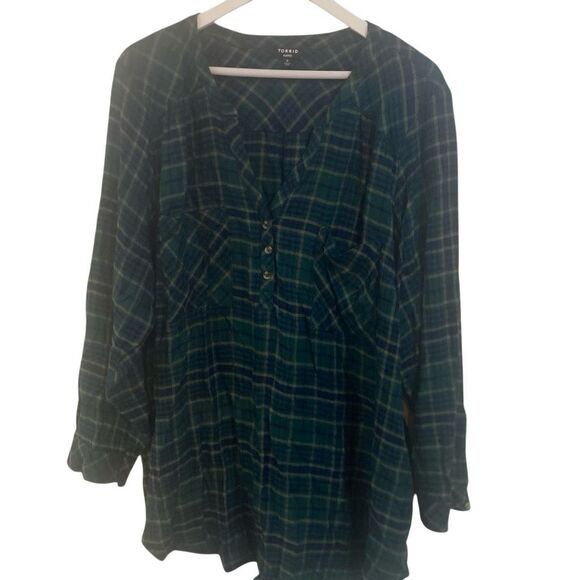 Torrid size 3, the Harper plaid, blue and green long sleeve blouse - Picture 1 of 6